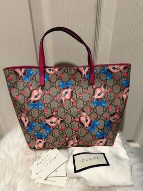 Gucci Beige Monogram Tote with Blue Bows and Pink Handles